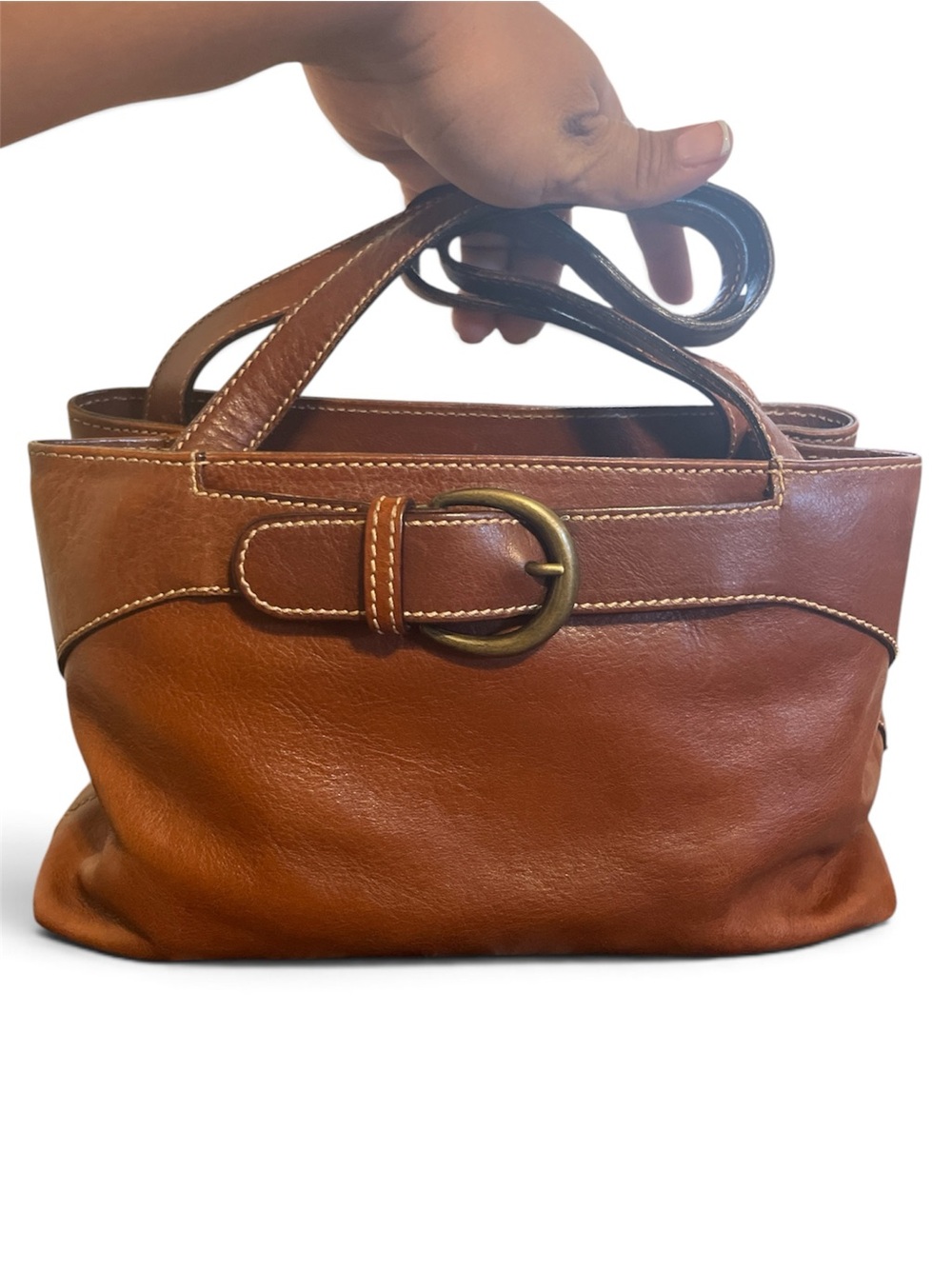 Preston & York Cognac Brown Leather Shoulder Bag with Brass Buckle